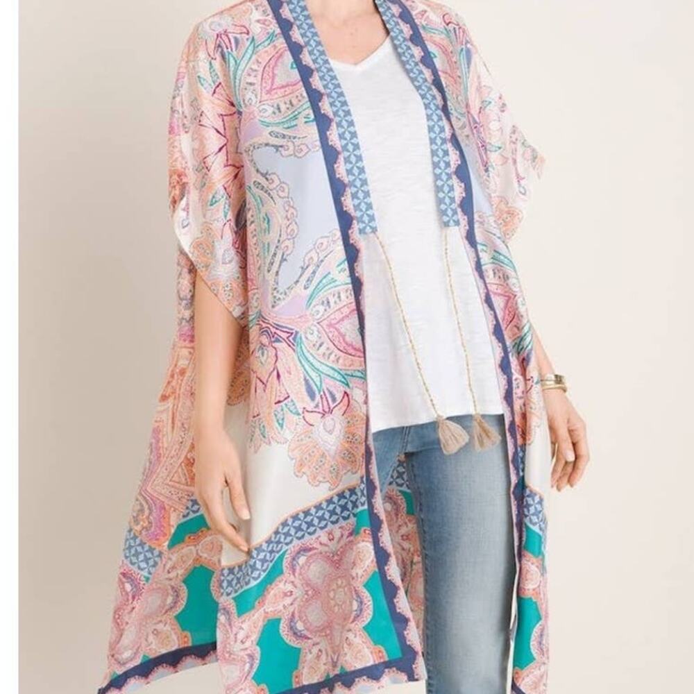 Chico's Silk Medallion Print Ruana Paisley Print Wrap Kimono with Tassel S/M